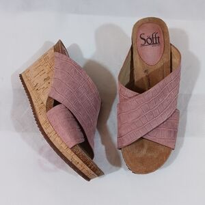 Sofft Womens 7M Sandal Ciera Pink Leather Wedge Cork Heel Slide